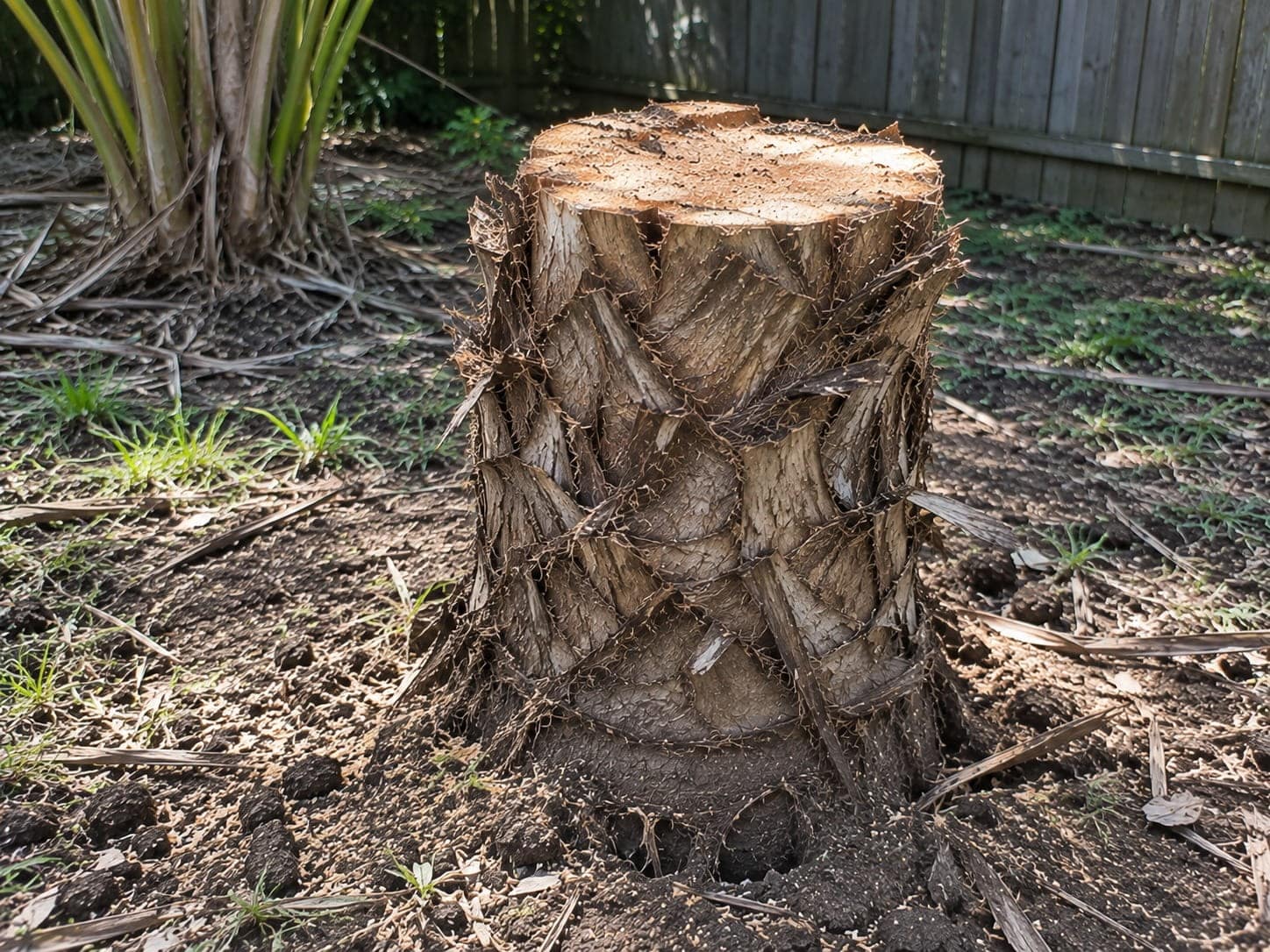 Cabbage tree stump beside a fence line in an Auckland back garden
